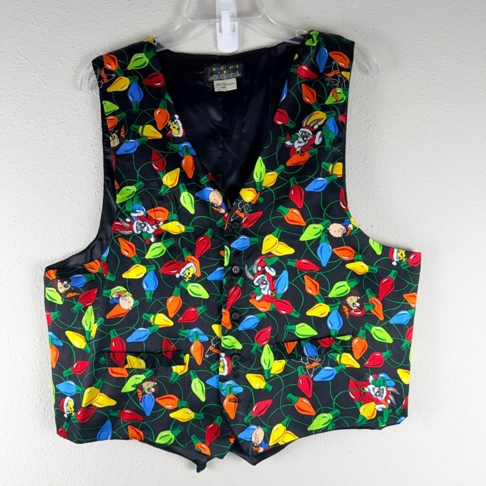 Looney Tunes Mania Christmas Silk Vest L/XL Black Holiday Light Bulb 90s Vintage